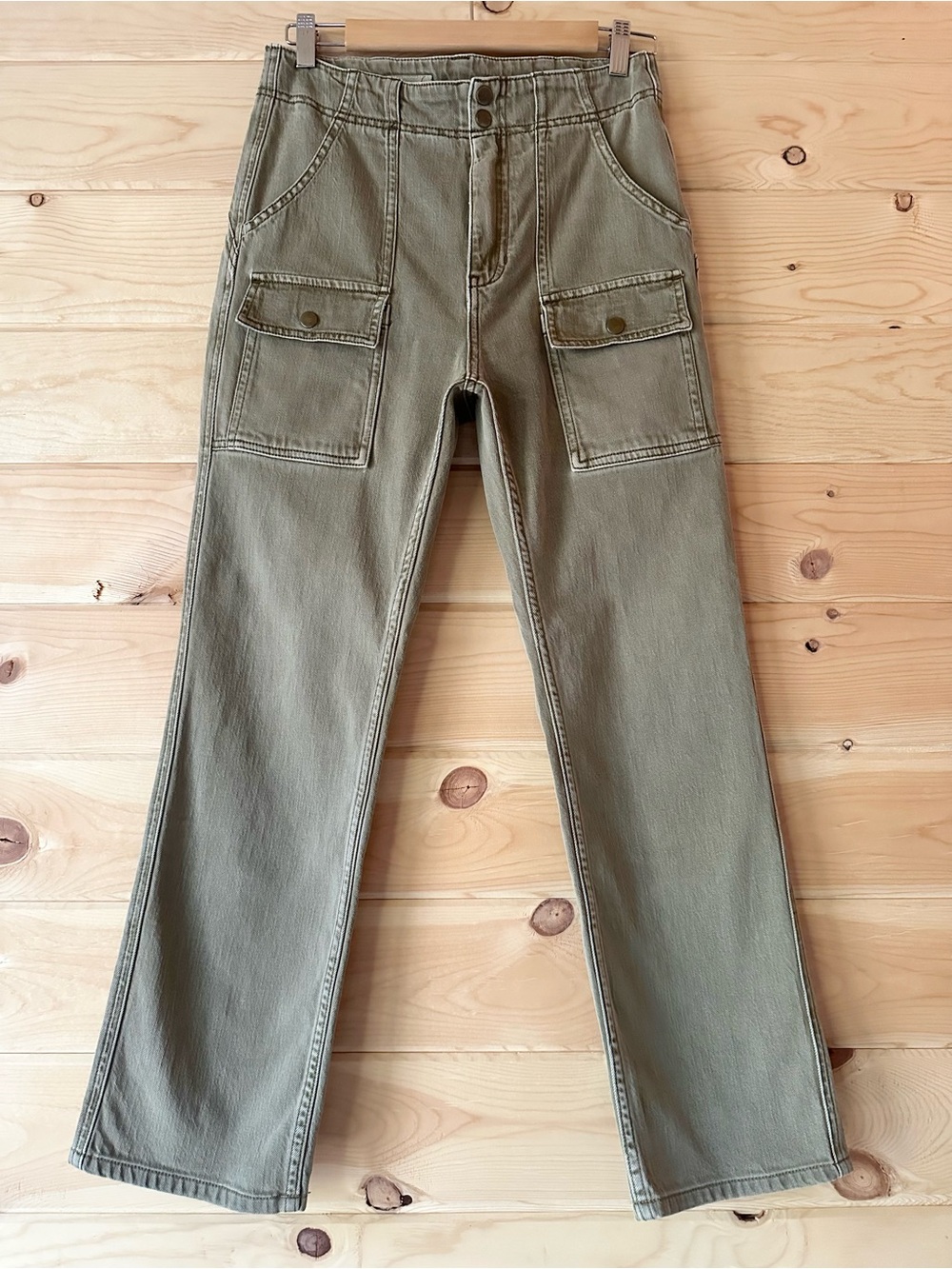 Pilcro Anthropologie High Rise Cargo Straight Leg Jeans Pants Olive Green 27